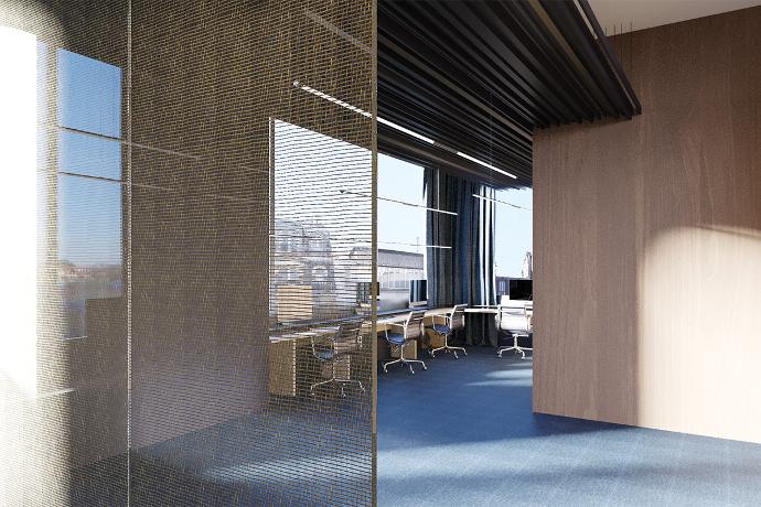 Modern spacious office with semi-transparent glass partition, office desks, chairs and windows.