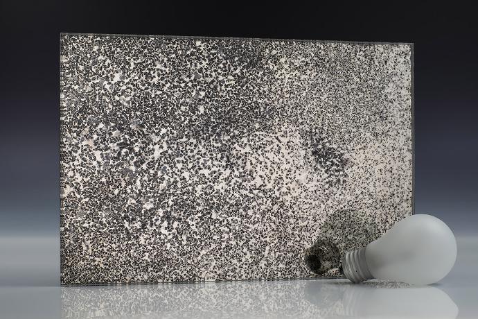 Double silver oxide - silver oxidation - antique mirror - sample A square mirror piece with spots and light bulbs on a neutral background