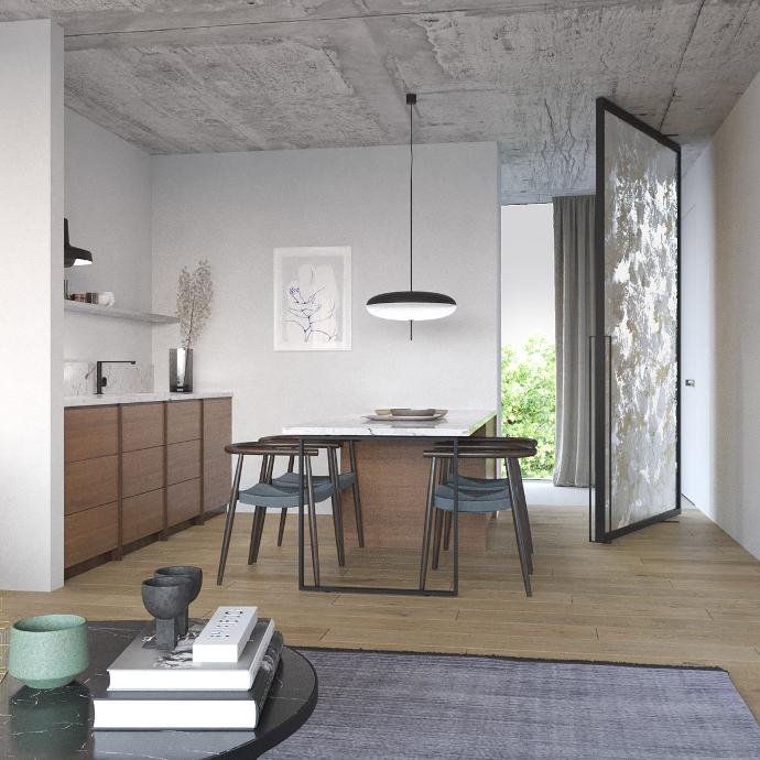 Modern kitchen interior with glass doors.