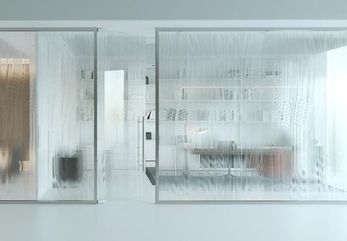 Glass wall with doors in a modern office.