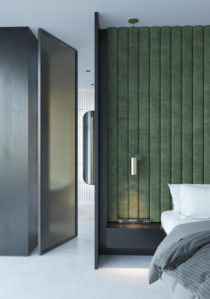 Glass doors in a modern bedroom.