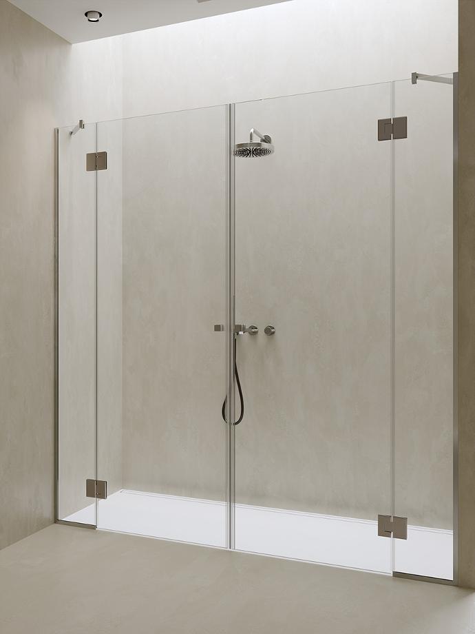 Click 06 Shower cabin in a niche with double central pivot doors and two fixed glass panels.