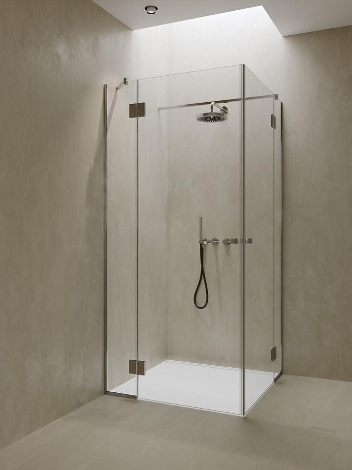Click 09 Corner shower cabin with double glass doors and fixed glasses.