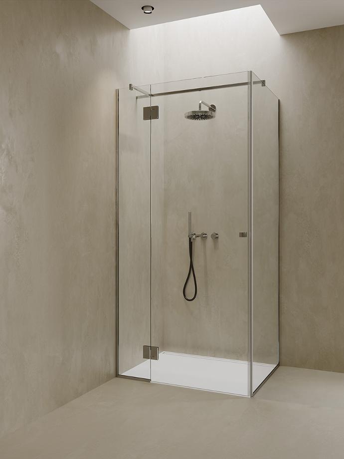 Click 08 Corner shower cabin with glass doors and fixed glasses.
