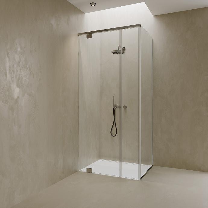 Sweep 04 Corner shower cabin with glass doors and fixed glass.