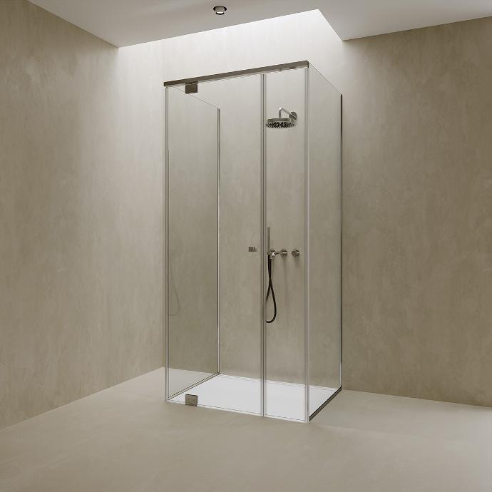 Sweep 06 Freestanding shower cabin with glass doors and fixed glass.