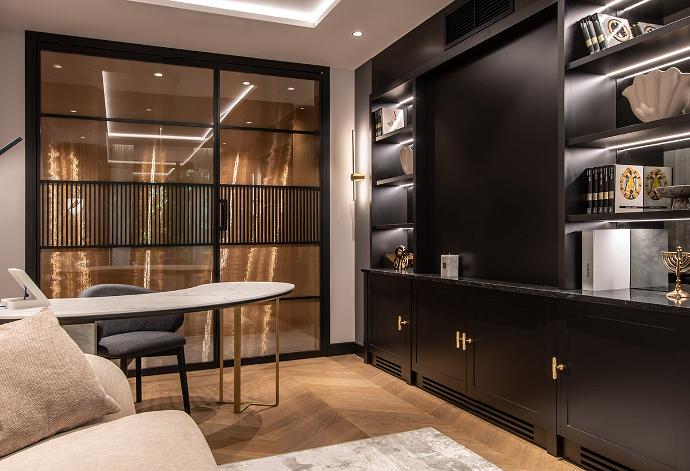 Luxuriously furnished business office with glass doors and shelves.