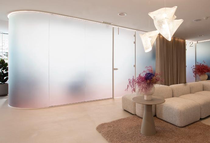 Modern office space with glass partitions, a seating set, a coffee table, flowers in a vase, a houseplant, and ceiling lights.