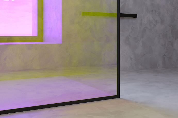 Walk-in shower cabin - dichroic glass Detail of a modern bathroom with a glass partition.